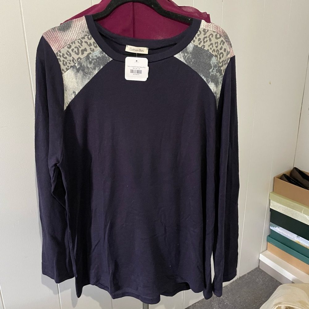 NWT Cotton Bleu Boho Animal Print Accents Long Sleeve Womens Top Size 3X